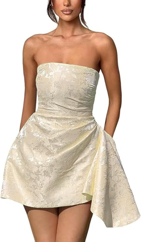 Chic Strapless Satin Mini Party Dress with Floral Jacquard and Convenient Pocket BM bride