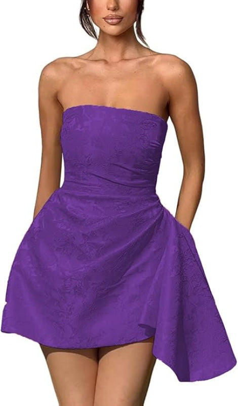 Chic Strapless Satin Mini Party Dress with Floral Jacquard and Convenient Pocket BM bride