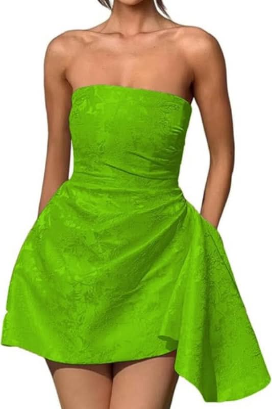 Chic Strapless Satin Mini Party Dress with Floral Jacquard and Convenient Pocket BM bride