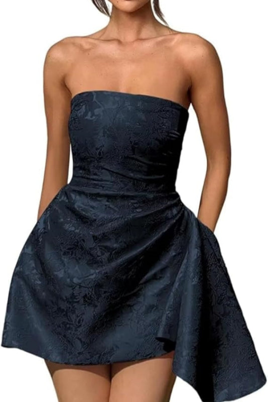 Chic Strapless Satin Mini Party Dress with Floral Jacquard and Convenient Pocket BM bride