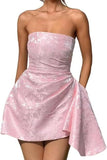 Chic Strapless Satin Mini Party Dress with Floral Jacquard and Convenient Pocket BM bride