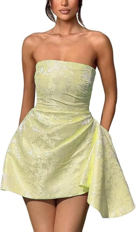 Chic Strapless Satin Mini Party Dress with Floral Jacquard and Convenient Pocket BM bride