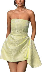 Chic Strapless Satin Mini Party Dress with Floral Jacquard and Convenient Pocket BM bride