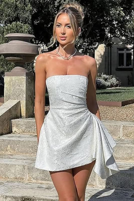 Chic Strapless Satin Mini Party Dress with Floral Jacquard and Convenient Pocket BM bride