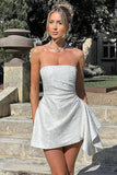 Chic Strapless Satin Mini Party Dress with Floral Jacquard and Convenient Pocket BM bride