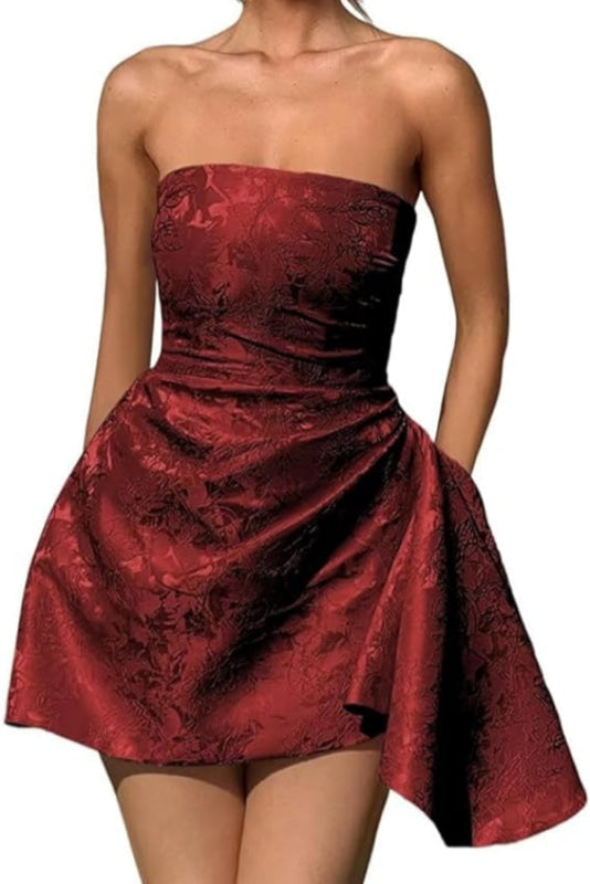 Chic Strapless Satin Mini Party Dress with Floral Jacquard and Convenient Pocket BM bride