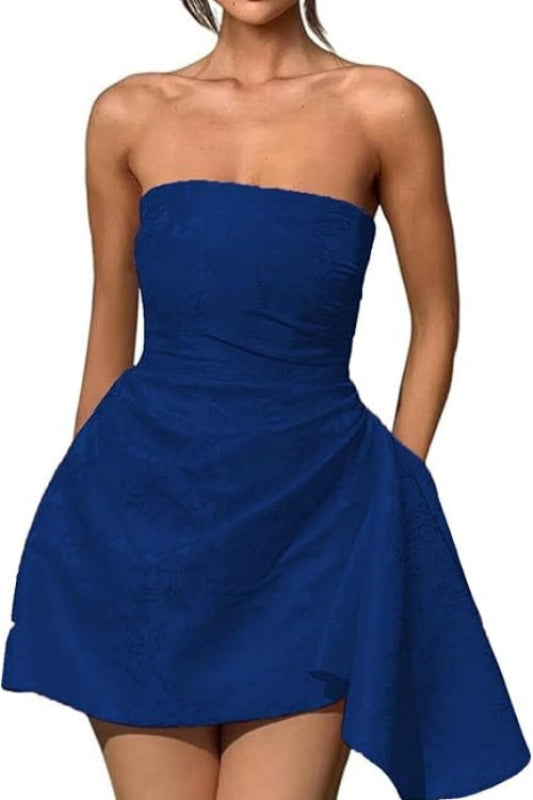 Chic Strapless Satin Mini Party Dress with Floral Jacquard and Convenient Pocket BM bride