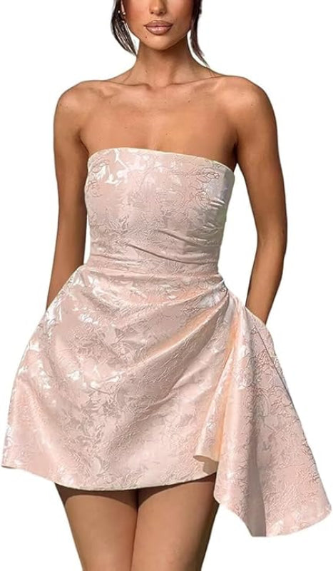 Chic Strapless Satin Mini Party Dress with Floral Jacquard and Convenient Pocket BM bride