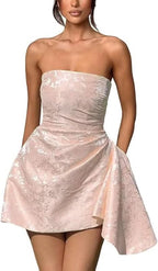 Chic Strapless Satin Mini Party Dress with Floral Jacquard and Convenient Pocket BM bride