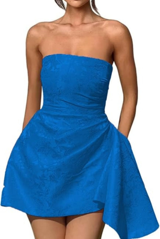 Chic Strapless Satin Mini Party Dress with Floral Jacquard and Convenient Pocket BM bride
