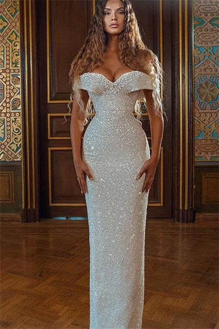 Sparkle White Off-the-shoulder Sequined Column Prom Dress BM bride