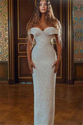 Sparkle White Off-the-shoulder Sequined Column Prom Dress BM bride