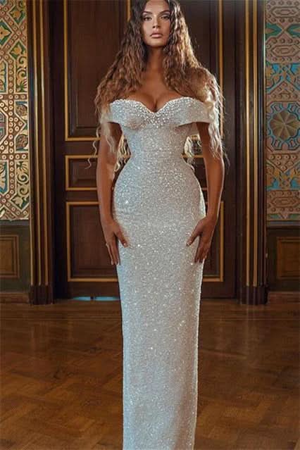 BMbride Sparkle White Off-the-shoulder Sequined Column Prom Dress BMbride