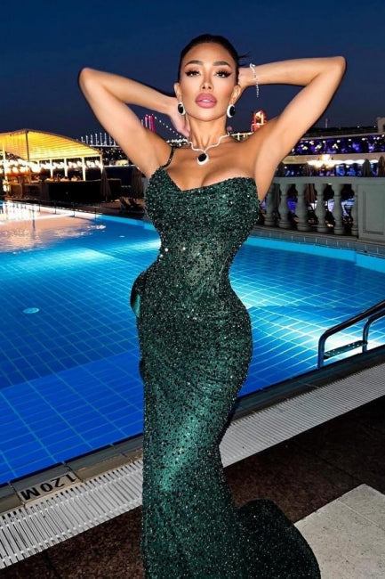 BMbride Sparkly Dark Green Spaghetti Straps Long Mermaid Prom Dresses Evening Gowns With Slit BMbride
