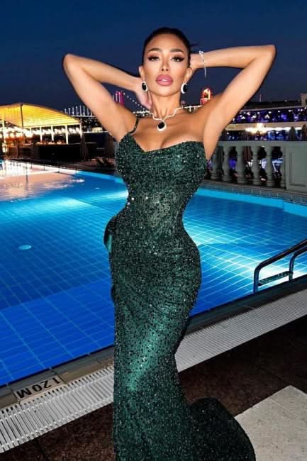 BMbride Sparkly Dark Green Spaghetti Straps Long Mermaid Prom Dresses Evening Gowns With Slit BMbride