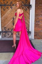 Dramatic Sparkly Fuchsia Satin One Shoulder Tight Homecoming Dress with a Train BM bride