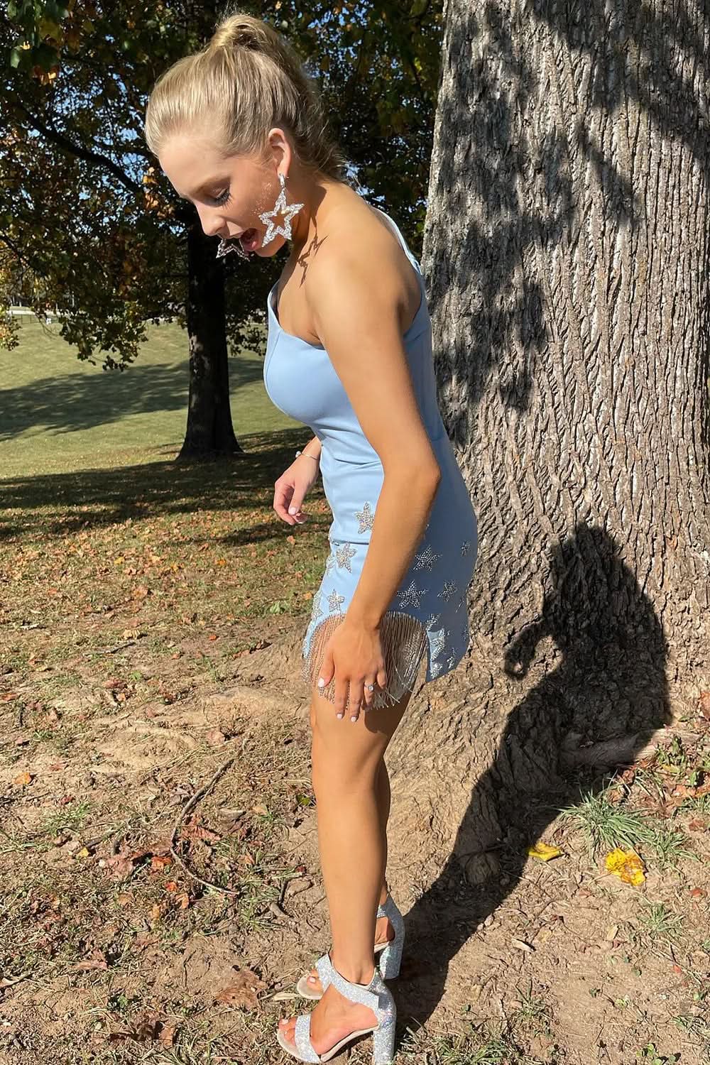 Eye-catching Sparkly Light Blue One Shoulder Stars Tight Short Homecoming Dress with Fringes BM bride