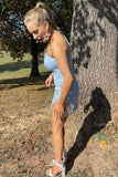 Eye-catching Sparkly Light Blue One Shoulder Stars Tight Short Homecoming Dress with Fringes BM bride