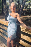 Eye-catching Sparkly Light Blue One Shoulder Stars Tight Short Homecoming Dress with Fringes BM bride