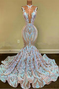 BMbride Sparkly Mermaid Glitter Floral Lace Floor-Length Prom Dress BMbride