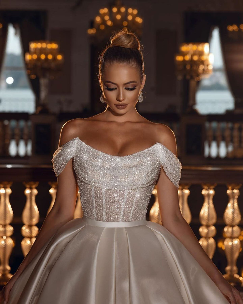 BMbride Sparkly Off-the-Shoulder Sequins A-line Bridal Dress with Detachable Sweep Train BMbride