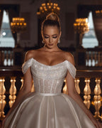 BMbride Sparkly Off-the-Shoulder Sequins A-line Bridal Dress with Detachable Sweep Train BMbride