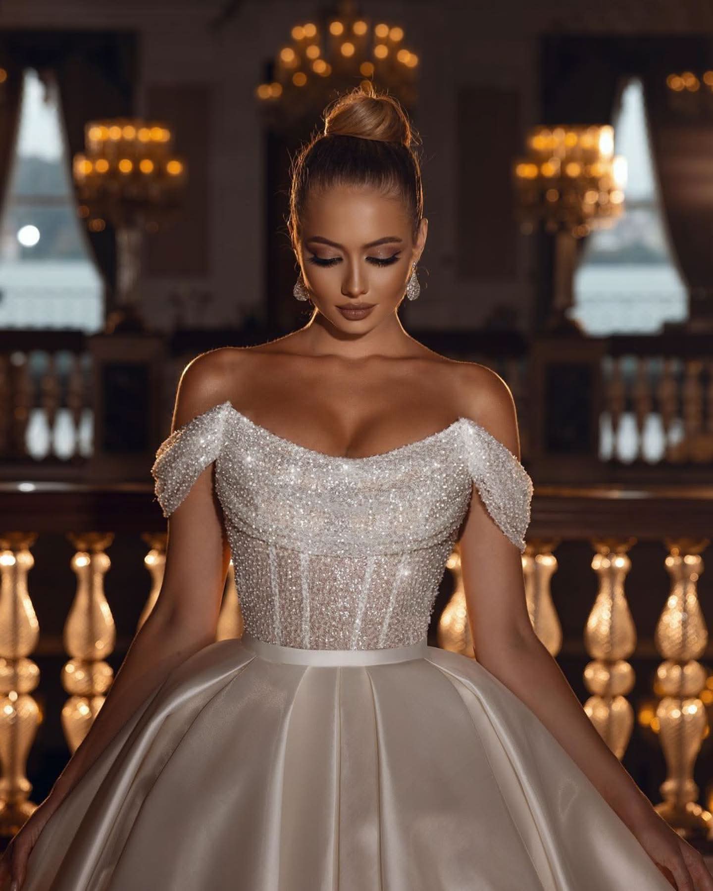 BMbride Sparkly Off-the-Shoulder Sequins A-line Bridal Dress with Detachable Sweep Train BMbride