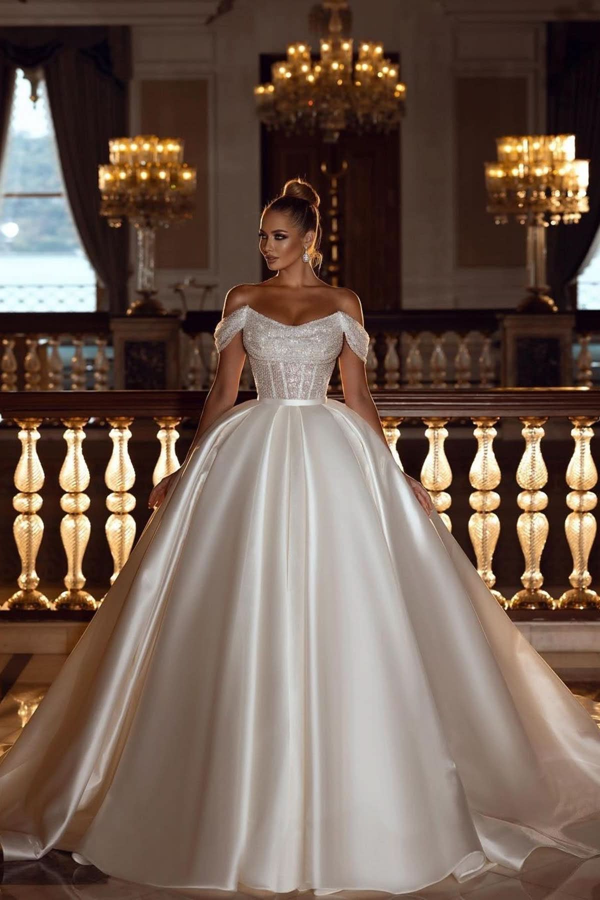 BMbride Sparkly Off-the-Shoulder Sequins A-line Bridal Dress with Detachable Sweep Train BMbride