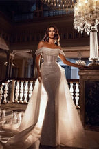 BMbride Sparkly Off-the-Shoulder Sequins Mermaid Bridal Dress with Detachable Sweep Train BMbride