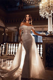 BMbride Sparkly Off-the-Shoulder Sequins Mermaid Bridal Dress with Detachable Sweep Train BMbride