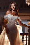 BMbride Sparkly Off-the-Shoulder Sequins Mermaid Bridal Dress with Detachable Sweep Train BMbride