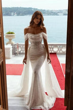 BMbride Sparkly Off-the-Shoulder Sequins Mermaid Bridal Dress with Detachable Sweep Train BMbride