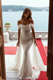 BMbride Sparkly Off-the-Shoulder Sequins Mermaid Bridal Dress with Detachable Sweep Train BMbride