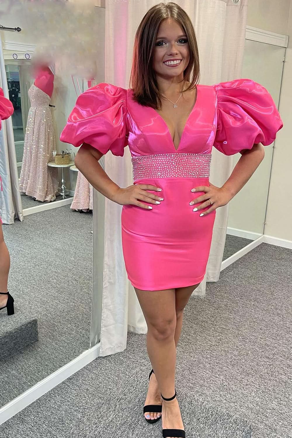 Vibrant Hot Pink One Shoulder Sheath Homecoming Dress with Playful Bows BM bride