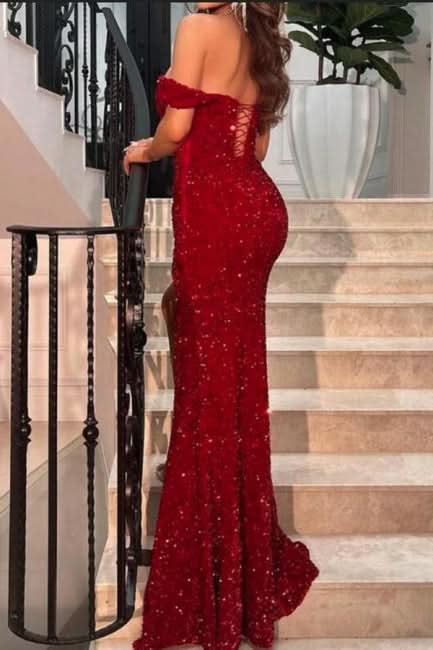 BMbride Sparkly Red Off-the-shoulder Long Mermaid Prom Dresses With Slit BMbride