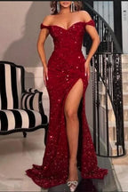 BMbride Sparkly Red Off-the-shoulder Long Mermaid Prom Dresses With Slit BMbride