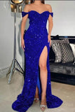 BMbride Sparkly Red Off-the-shoulder Long Mermaid Prom Dresses With Slit BMbride