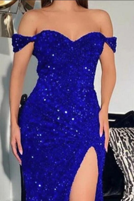 BMbride Sparkly Red Off-the-shoulder Long Mermaid Prom Dresses With Slit BMbride