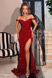 BMbride Sparkly Red Off-the-shoulder Long Mermaid Prom Dresses With Slit BMbride