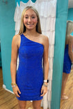 Sparkly Royal Blue One Shoulder Sequins Tight Short Homecoming Dress BM bride
