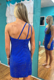 Sparkly Royal Blue One Shoulder Sequins Tight Short Homecoming Dress BM bride