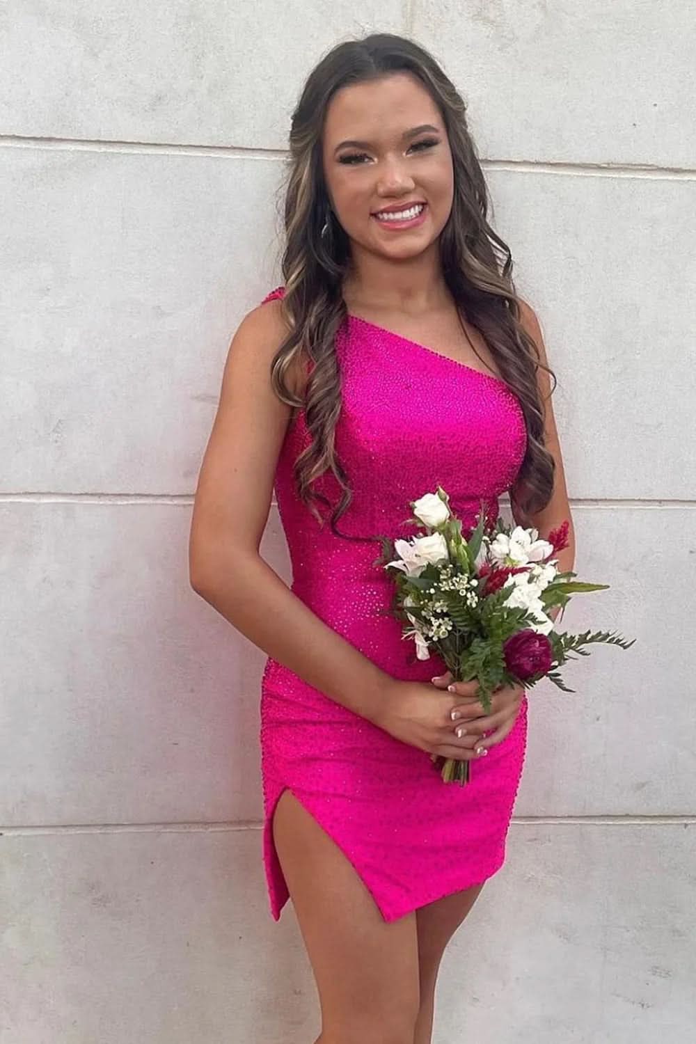 Sparkly Royal Blue One Shoulder Tight Homecoming Dress with Slit BM bride