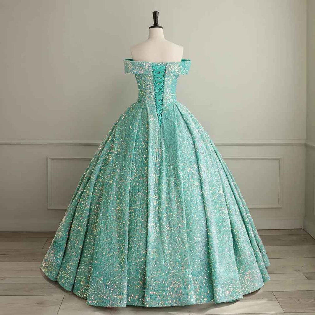 Sparkly Sequin Prom Dresses Long Ball Gown Off Shoulder Quinceanera Dresses Puffy Glitter Evening Party Dresses - Bmbride