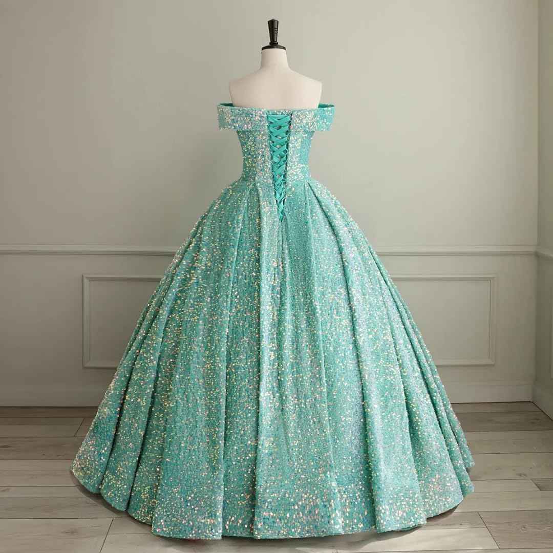 Sparkly Sequin Prom Dresses Long Ball Gown Off Shoulder Quinceanera Dresses Puffy Glitter Evening Party Dresses - Bmbride