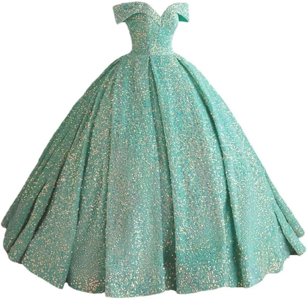 Sparkly Sequin Prom Dresses Long Ball Gown Off Shoulder Quinceanera Dresses Puffy Glitter Evening Party Dresses - Bmbride