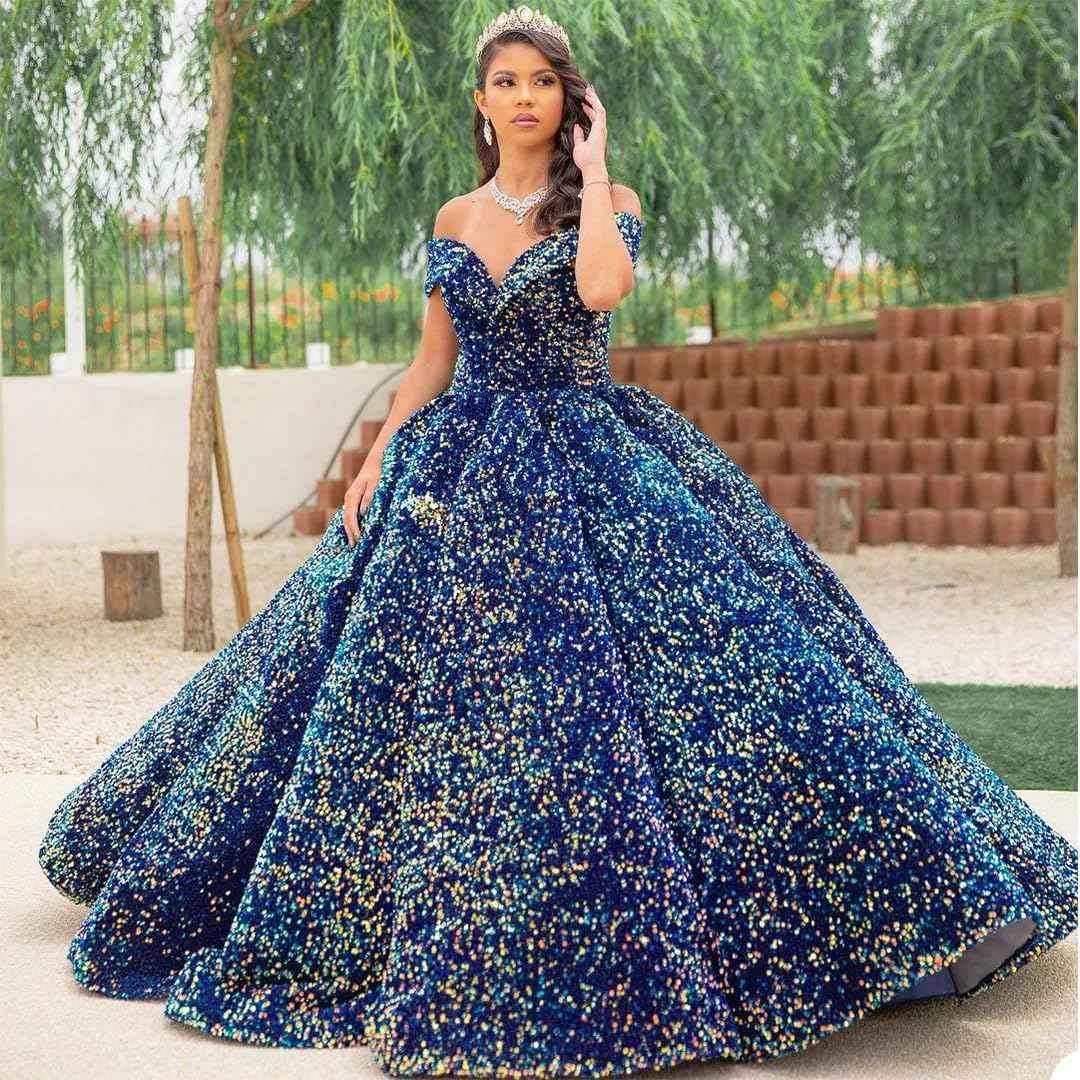 Sparkly Sequin Prom Dresses Long Ball Gown Off Shoulder Quinceanera Dresses Puffy Glitter Evening Party Dresses - Bmbride