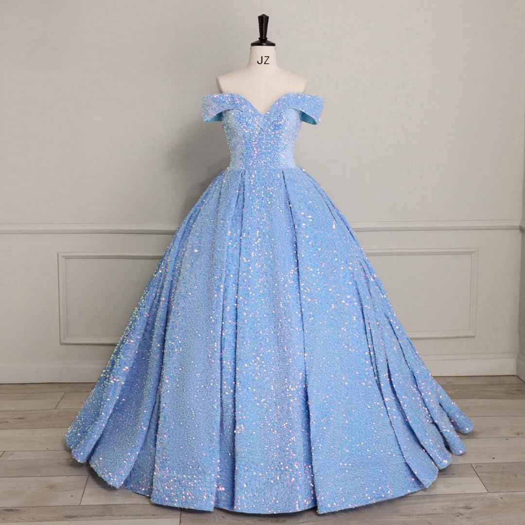 Sparkly Sequin Prom Dresses Long Ball Gown Off Shoulder Quinceanera Dresses Puffy Glitter Evening Party Dresses - Bmbride