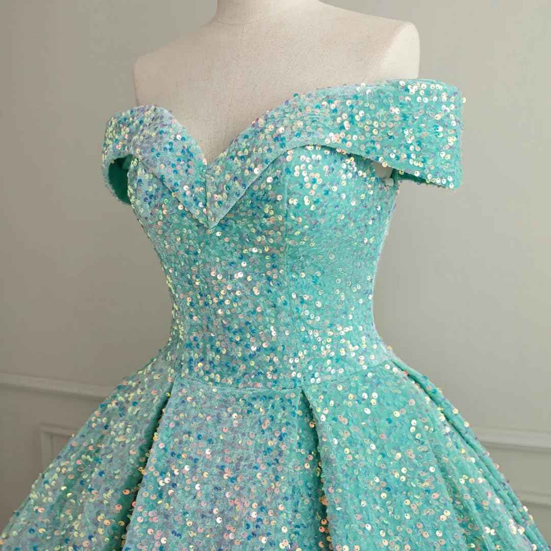 Sparkly Sequin Prom Dresses Long Ball Gown Off Shoulder Quinceanera Dresses Puffy Glitter Evening Party Dresses - Bmbride