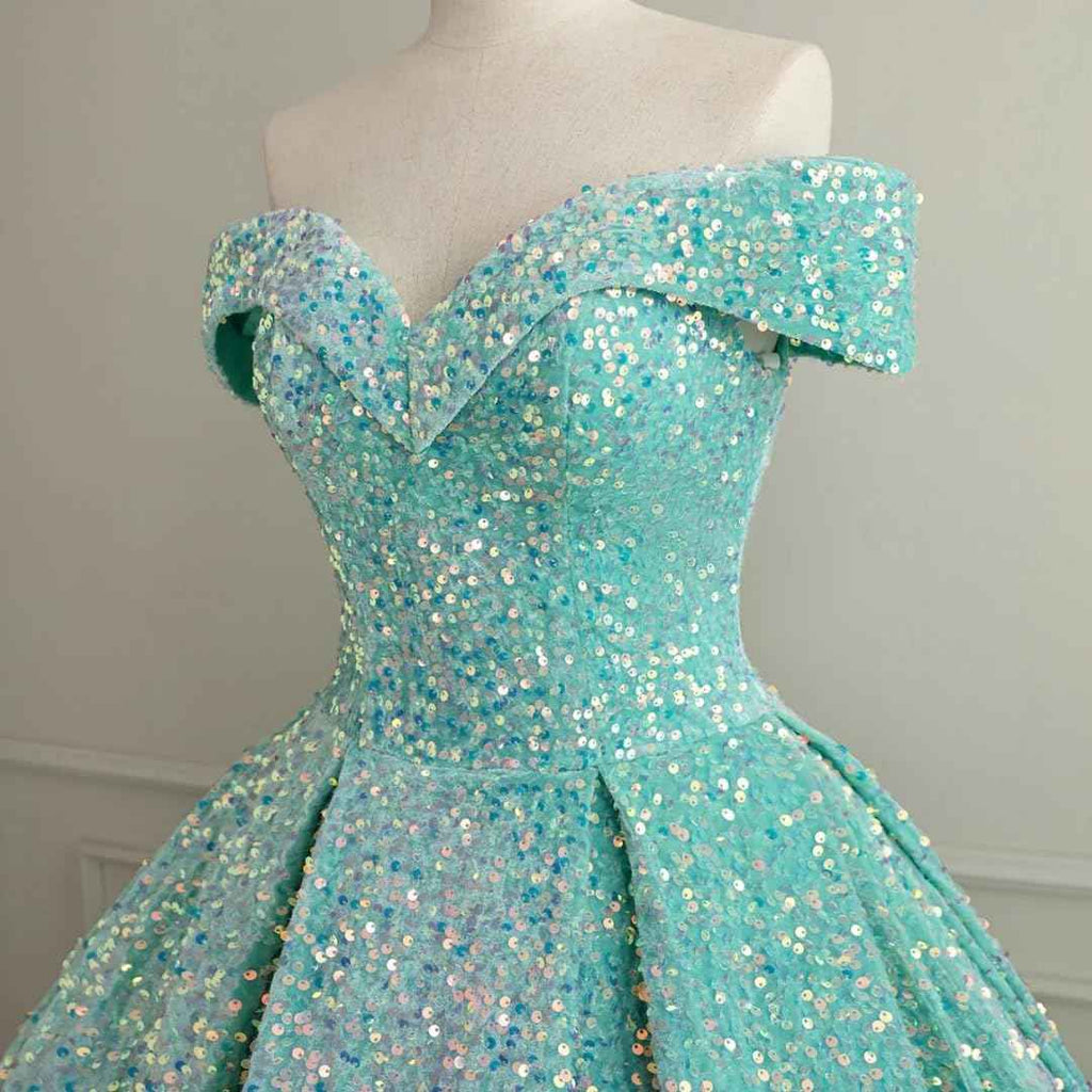 Sparkly Sequin Prom Dresses Long Ball Gown Off Shoulder Quinceanera Dresses Puffy Glitter Evening Party Dresses - Bmbride