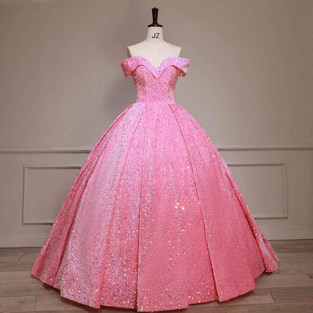 Sparkly Sequin Prom Dresses Long Ball Gown Off Shoulder Quinceanera Dresses Puffy Glitter Evening Party Dresses - Bmbride
